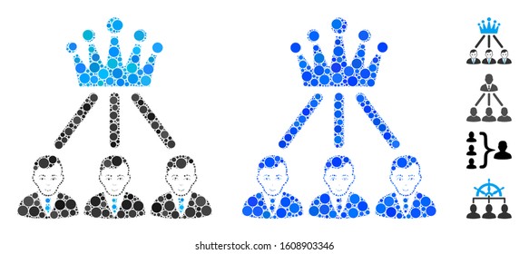 Hierarchy men composition of filled circles in different sizes and color tones, based on hierarchy men icon. Vector random circles are organized into blue illustration.