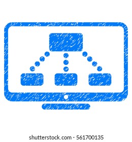 Hierarchy Monitor grainy textured icon for overlay watermark stamps. Flat symbol with unclean texture. Dotted vector blue ink rubber seal stamp with grunge design. Designed with round dots.