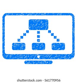 Hierarchy Monitor grainy textured icon for overlay watermark stamps. Flat symbol with unclean texture. Dotted vector blue ink rubber seal stamp with grunge design. Designed with square dots.