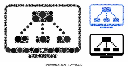 Hierarchy monitor mosaic of circle elements in variable sizes and color tints, based on hierarchy monitor icon. Vector circle elements are united into blue mosaic.