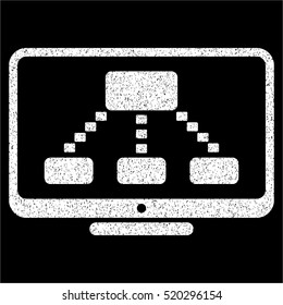 Hierarchy Monitoring grainy textured icon for overlay watermark stamps. Flat symbol with dirty texture. Dotted vector white ink rubber seal stamp with grunge design on a black background.