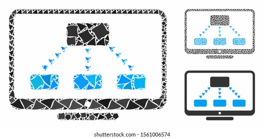 Hierarchy monitoring mosaic of abrupt parts in variable sizes and color hues, based on hierarchy monitoring icon. Vector humpy parts are combined into mosaic.