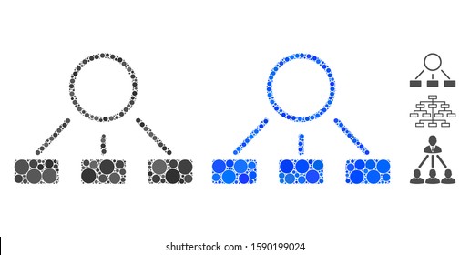 Hierarchy mosaic of filled circles in different sizes and shades, based on hierarchy icon. Vector filled circles are grouped into blue composition. Dotted hierarchy icon in usual and blue versions.