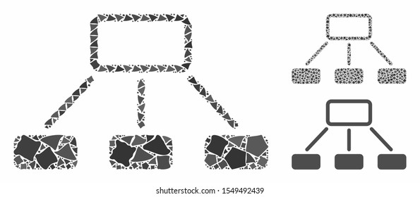 Hierarchy mosaic of rough pieces in various sizes and color tones, based on hierarchy icon. Vector ragged pieces are organized into mosaic. Hierarchy icons collage with dotted pattern.