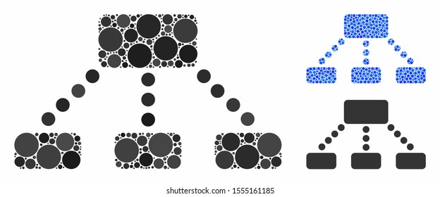 Hierarchy mosaic of small circles in variable sizes and color tinges, based on hierarchy icon. Vector small circles are organized into blue mosaic. Dotted hierarchy icon in usual and blue versions.