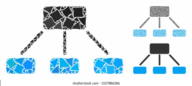 Hierarchy mosaic of trembly items in various sizes and color tones, based on hierarchy icon. Vector unequal items are combined into mosaic. Hierarchy icons collage with dotted pattern.