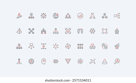 Hierarchy, organizational structure of corporate company department in chart, leadership and authority line icon set. Business team organization thin black and red outline symbols vector illustration