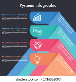 Hierarchie Pyramide In 4 Farben und 4 Schritten mit Beschreibung darunter und neben ihr. Infografik für Ihr Unternehmen. EPS-Vektorillustration