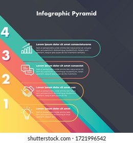 Hierarchy Pyramid In 4 colors and 4 steps with description below it and next to it. Infographic for your business. EPS Vector