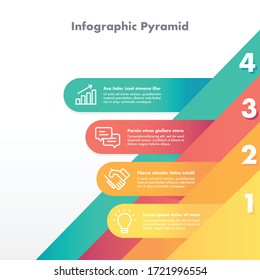 Pirámide de jerarquías En 4 colores y 4 pasos con la descripción debajo y junto a ella. Infografía para su negocio. Vector EPS