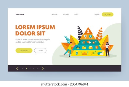 Hierarchy pyramid concept. Graphic triangle with basic person needs, safety, love, social esteem levels. Vector illustration for sociology, marketing, management topics