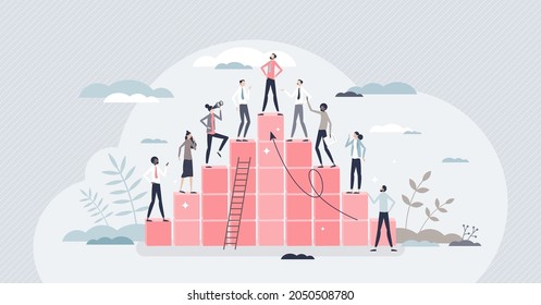 Hierarchy rank and pyramid type career development ladder tiny person concept. Company organization system from low level workers to CEO and director vector illustration. Organization team structure.