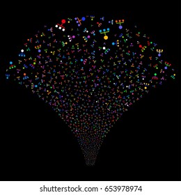 Hierarchy salute stream. Vector illustration style is flat bright multicolored iconic symbols on a black background. Object stream fountain constructed from random pictograms.