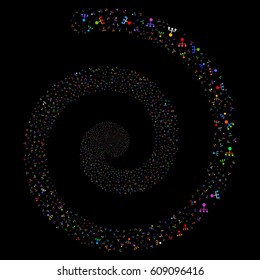 Hierarchy salute whirlpool spiral. Vector bright multicolored scattered symbols.