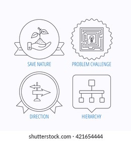 Hierarchy, save nature and direction arrow icons. Maze linear sign. Award medal, star label and speech bubble designs. Vector