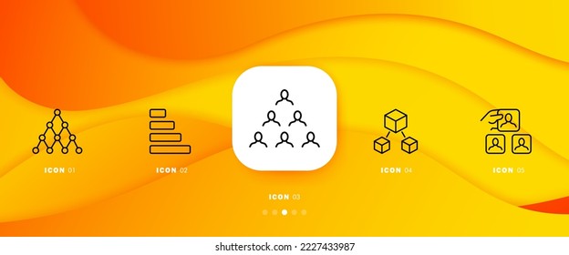 Hierarchy set icon. Idea, creativity, responsibilities, management, subordination, setup, configuration, check mark, boss, director. Team work concept. Infographic timeline with icons and 5 steps