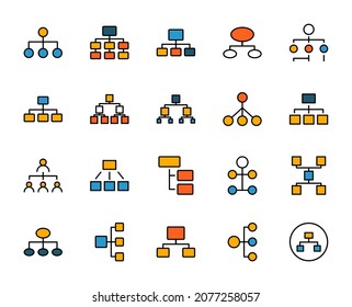 Jerarquía establece iconos de línea en diseño plano con elementos para el diseño de sitios web y aplicaciones móviles.  Colección de un logotipo y un símbolo infográfico moderno. Pictograma de línea de vector de negocio