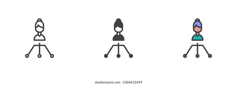 Estructura jerárquica diferente conjunto de iconos de estilo. Línea, glifo y contorno relleno versión colorida, contorno y signo vectorial relleno. Símbolo, ilustración del logotipo. Gráficos vectoriales