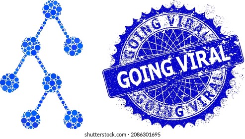 Hierarchy structure vector composition of circle dots in different sizes and blue color tints, and textured Going Viral seal. Blue round sharp rosette seal contains Going Viral tag inside it.