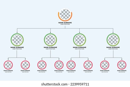 Infografía de plantilla de jerarquía. Elementos infográficos de la jerarquía empresarial. Ilustración vectorial. Organigrama corporativo con iconos de avatares de negocios. Esquema de la empresa. Estructura organizativa plana	

