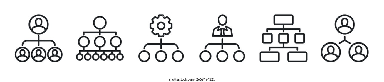 Conjunto de ícones de linha fina da hierarquia. Organização, liderança, gerenciamento e ícones mínimos