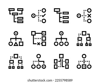 Hierarchy and Tree structure line vector icons. Flowchart and algorithm editable stroke outline icon set.