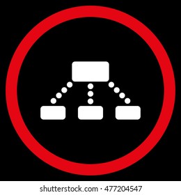 Hierarchy vector bicolor rounded icon. Image style is a flat icon symbol inside a circle, red and white colors, black background.