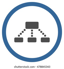 Hierarchy vector bicolor rounded icon. Image style is a flat icon symbol inside a circle, cobalt and gray colors, white background.