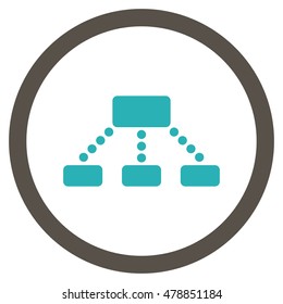 Hierarchy vector bicolor rounded icon. Image style is a flat icon symbol inside a circle, grey and cyan colors, white background.
