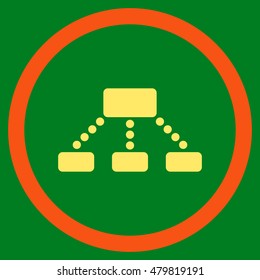 Hierarchy vector bicolor rounded icon. Image style is a flat icon symbol inside a circle, orange and yellow colors, green background.