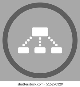 Hierarchy vector bicolor rounded icon. Image style is a flat icon symbol inside a circle, dark gray and white colors, silver background.