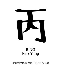 Hieroglyph Bing Fire Yang Vector ink black and white isolated symbol Chinese ancient calligraphy for Bazi Bagua, Feng Shui China zodiac sign, astrology icon Illustration for print catalogue horoscope
