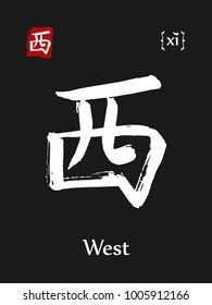 Hieroglyph chinese calligraphy translate- west. Vector east asian symbol with transcription. Hand drawn teaching transliteration card for learning china hieroglyphic. Ink brush Japanese 