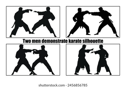 Hieroglyph of karate and two men demonstrating karate set, Martial art two male silhouettes set
