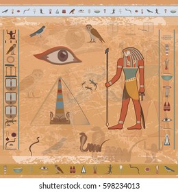 Hieroglyphic carvings, fresco, mythological scenes. Egypt background, vector illustration