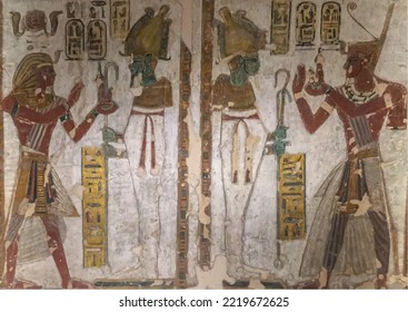 Hieroglyphics and Paintings of the Ancient Egyptian Civilization. Walls decorated with paintings and carvings of gods, pharaohs