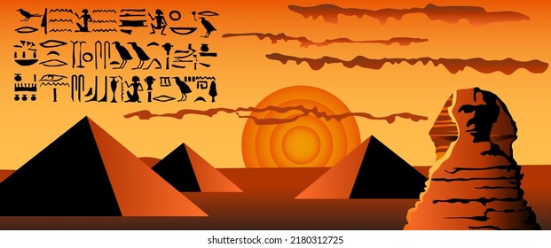 Hieroglyphs of ancient Egypt on the background of the pyramids and the Sphinx