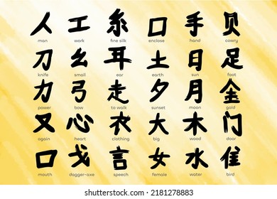 Hieroglyphs, Chinese characters drawn with brush strokes, beige and yellow tones, vector illustration, watercolor background