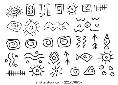 Hieroglyphs inscriptions black and white lines Mexico Maya Aztecs ancient inscriptions doodle sketch drawn by hand separately on a white background