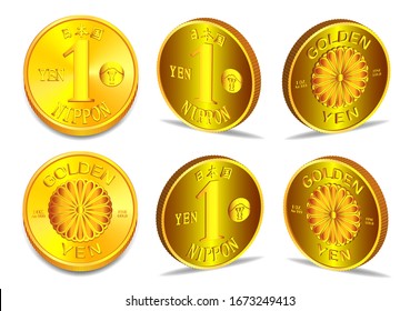 Hieroglyphs mean Japan. Yen 1 oz. Fine gold coin in several 3D projections EPS10