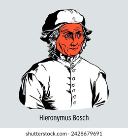 Hieronymus Bosch is a Dutch hereditary artist, one of the largest masters of the Northern Renaissance period. Hand drawn vector illustration