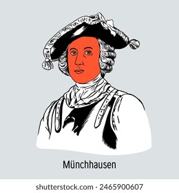 Hieronymus Munchausen war ein deutscher Freiherrn, ein Rothmister im russischen Dienst und ein Geschichtenerzähler, der eine literarische Figur wurde. handgezeichnete Vektorillustration