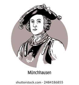 Hieronymus Munchausen war ein deutscher Freiherrn, ein Rothmister im russischen Dienst und ein Geschichtenerzähler, der eine literarische Figur wurde. handgezeichnete Vektorillustration