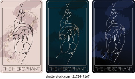 Das Hierophant. Eine Karte des Major Arcana eine Linie, die Tarot-Karten zieht. Tarot Deck. Lineare Vektorgrafik mit okkulten, mystischen und esoterischen Symbolen. 3 Farben. Proposional zu 2,75x4,75 in.