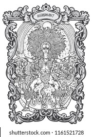 Hierophant. Major Arcana tarot card. The Magic Gate deck. Fantasy engraved vector illustration with occult mysterious symbols and esoteric concept