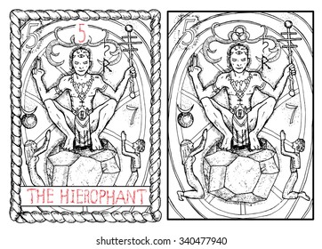 The hierophant.  The major arcana tarot card, vintage hand drawn engraved illustration with mystic symbols. Priest or magician sitting on stone and holding wand. Man and woman praying. 