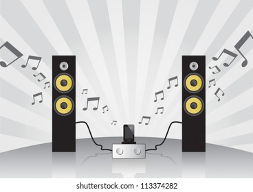 Hi-fi set with loudspeakers, amplifier and dock for mobile phone on the gray background