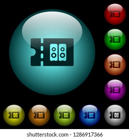 Hi-fi shop discount coupon icons in color illuminated spherical glass buttons on black background. Can be used to black or dark templates