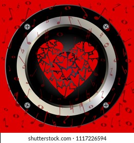 A hi-fi speaker set behind a collection of musical notes And a large red heart created heart