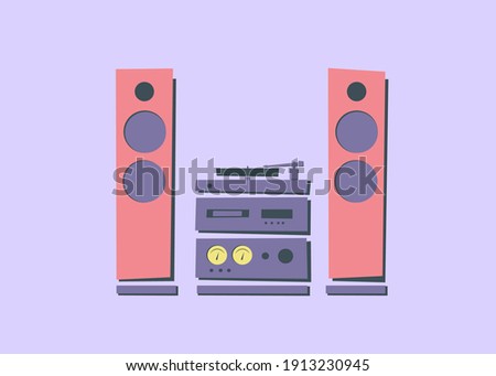 Hi-Fi stereo audio systems in rack with acoustic system. Set. Various electronics. Turntable. CD player. Sound amplifier with arrow indicators. Electronics for music lover. Color vector illustration.